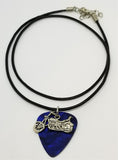 Motorcycle Charm on a Blue MOP Guitar Pick Necklace with a Rolled Black Cord