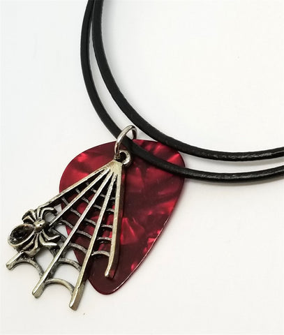 Spiderweb Charm on a Red MOP Guitar Pick Necklace on Rolled Black Cord