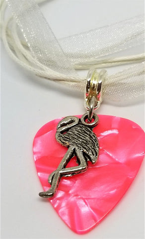Flamingo Charm with a Pink MOP Guitar Pick Necklace on a White Ribbon Cord