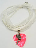 Flamingo Charm with a Pink MOP Guitar Pick Necklace on a White Ribbon Cord