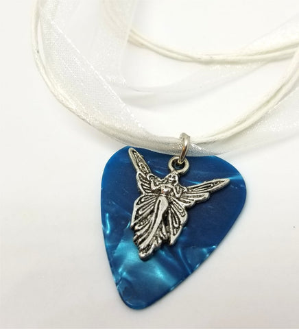 Fairy or Angel Charm on an Aqua Blue MOP Guitar Pick Necklace with White Ribbon Cord
