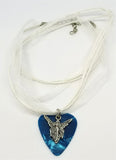Fairy or Angel Charm on an Aqua Blue MOP Guitar Pick Necklace with White Ribbon Cord