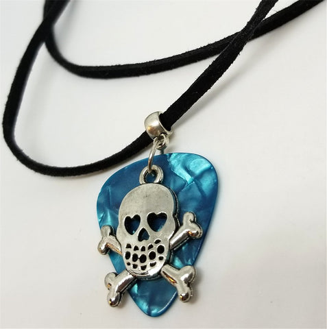 Skull and Crossbone with Heart Eyes Charm with a Aqua MOP Guitar Pick on a Black Suede Cord Necklace