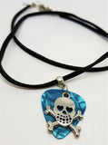 Skull and Crossbone with Heart Eyes Charm with a Aqua MOP Guitar Pick on a Black Suede Cord Necklace