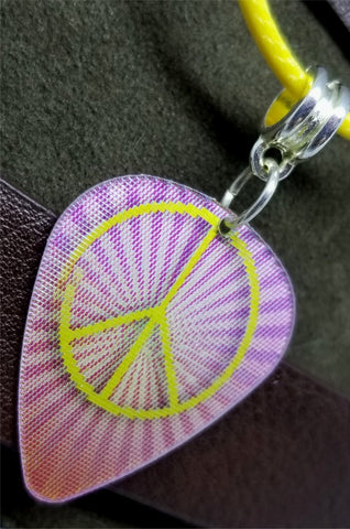Holographic Peace Sign Guitar Pick Necklace on a Rolled Yellow Cord
