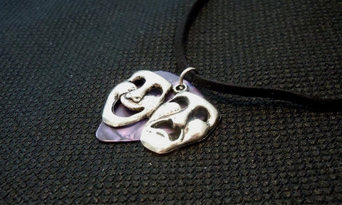 Theater Masks Charm on a Purple MOP Guitar Pick Necklace with Black Suede Cord