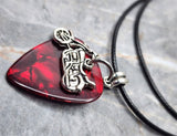 Motorcycle Charm on a Red MOP Guitar Pick Necklace with a Rolled Black Cord