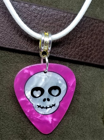 Skull with Heart Eyes Hot Pink MOP Guitar Pick Necklace on a White Rolled Cord