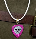 Skull with Heart Eyes Hot Pink MOP Guitar Pick Necklace on a White Rolled Cord