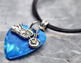 Motorcycle Charm on an Aqua Blue MOP Guitar Pick Necklace with a Rolled Black Cord