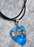 Motorcycle Charm on an Aqua Blue MOP Guitar Pick Necklace with a Rolled Black Cord