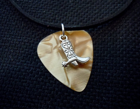 Cowboy Boots and Spur Charms on Gold MOP Guitar Pick Necklace with Black Suede Cord