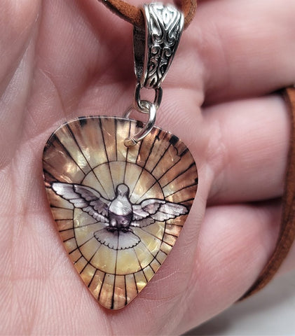 Dove on Stained Glass Guitar Pick Necklace on Brown Suede Cord