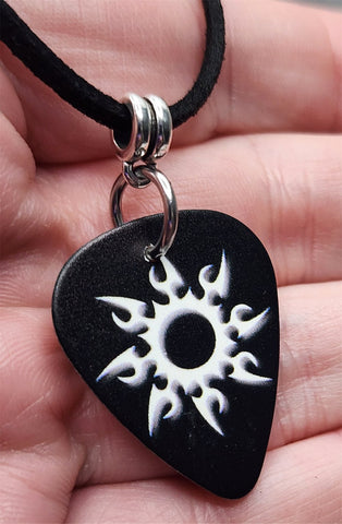 Tribal Sun Black Guitar Pick Necklace on Black Suede Cord