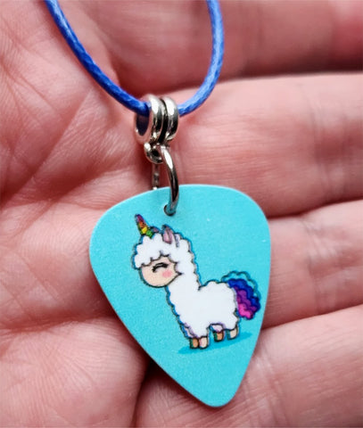 Llamacorn Guitar Pick Necklace on Rolled Blue Cord