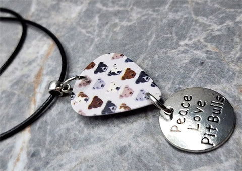 Pit Bull Gray Guitar Pick Necklace on a Black Suede Cord with Peace, Love and Pit Bulls Charm