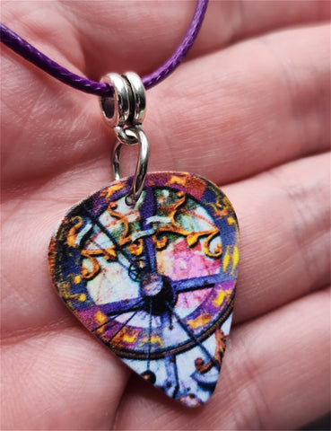 Colorful Clock Face Guitar Pick Necklace with Purple Rolled Cord