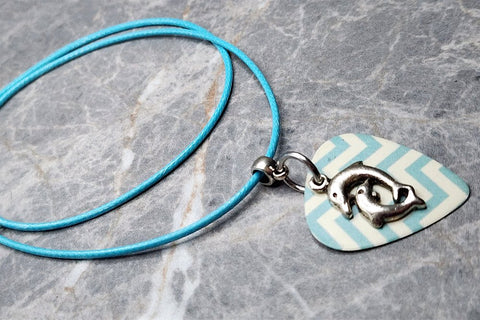 Two Jumping Dolphins on a Blue Chevron Guitar Pick Necklace with Blue Rolled Cord
