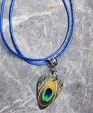 Peacock Two-Sided Guitar Pick Necklace Blue Rolled Cord