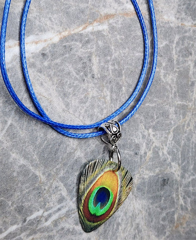 Peacock Two-Sided Guitar Pick Necklace Blue Rolled Cord