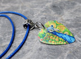 Peacock Two-Sided Guitar Pick Necklace Blue Rolled Cord