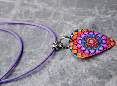 Mandala Guitar Pick Necklace on Purple Rolled Cord