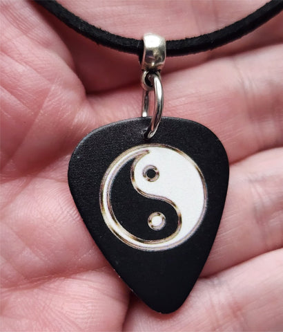 Yin and Yang Black Guitar Pick Necklace on Black Suede Cord