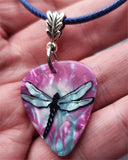 Dragonfly Guitar Pick on a Dark Blue Rolled Cord Necklace