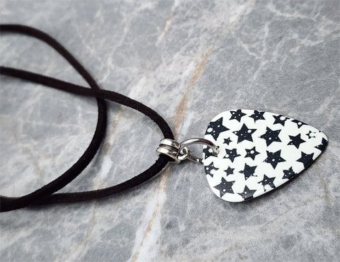 White with Black Stars Guitar Pick Necklace with Black Suede Cord