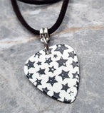 White with Black Stars Guitar Pick Necklace with Black Suede Cord