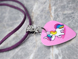Unicorn Pink Guitar Pick Necklace on Purple Suede Cord