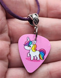 Unicorn Pink Guitar Pick Necklace on Purple Suede Cord