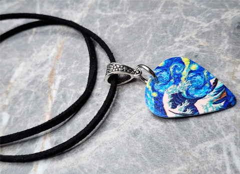 The Great Wave and Starry Night Mash Up Guitar Pick Necklace on Black Suede Cord