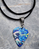 The Great Wave and Starry Night Mash Up Guitar Pick Necklace on Black Suede Cord