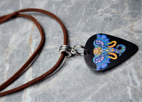 Beautiful Blue and Orange Elephant Head Guitar Pick Necklace with Brown Suede Cord