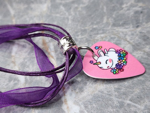 Bunnicorn Guitar Pick Necklace with a Purple Ribbon Cord