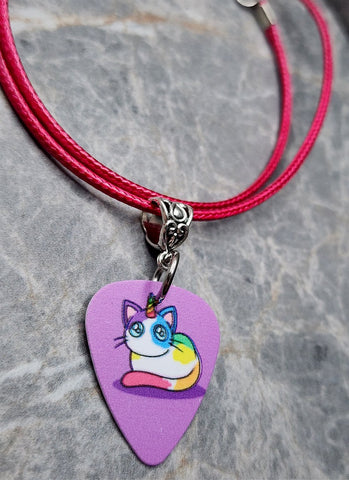 Caticorn Guitar Pick Necklace on Hot Pink Rolled Cord