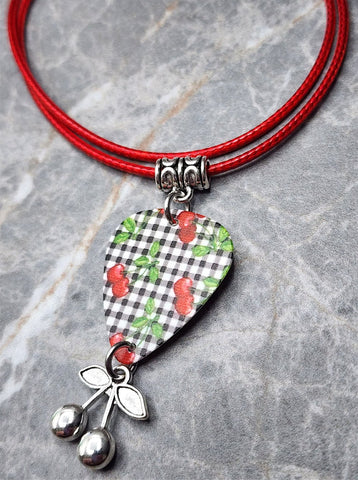 Cherries and Gingham Guitar Pick Necklace on Red Rolled Cord