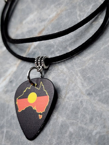 Australia Shape with Australian Aboriginal Flag Guitar Pick Necklace on Black Suede Cord