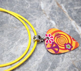Peace Sign and Flower Power Guitar Pick Necklace on a Yellow Rolled Cord