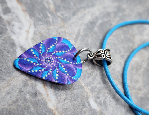 Mandala Star Guitar Pick Necklace with Aqua Blue Rolled Cord