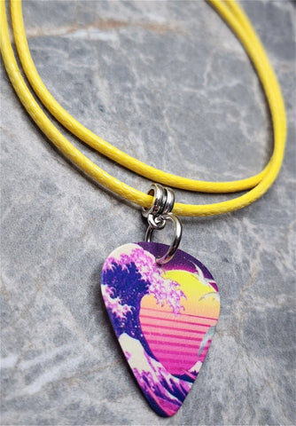 Retro 80s Version of The Great Wave off Kanagawa Guitar Pick Necklace on Yellow Rolled Cord