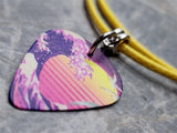 Retro 80s Version of The Great Wave off Kanagawa Guitar Pick Necklace on Yellow Rolled Cord