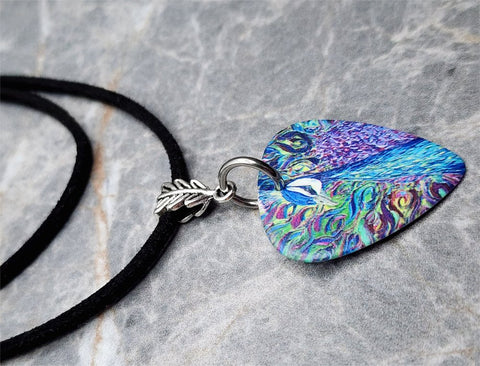 Colorful Peacock and Feather Two-Sided Guitar Pick Necklace on a Black Suede Cord