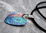 Colorful Peacock and Feather Two-Sided Guitar Pick Necklace on a Black Suede Cord