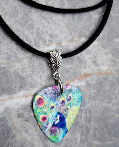 Peacock Two-Sided Guitar Pick Necklace on a Black Suede Cord