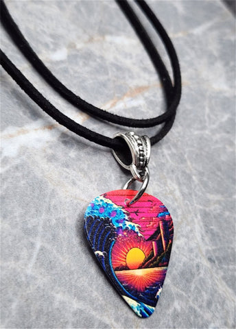 Saturated Colors Great Wave Guitar Pick Necklace on Black Suede Cord