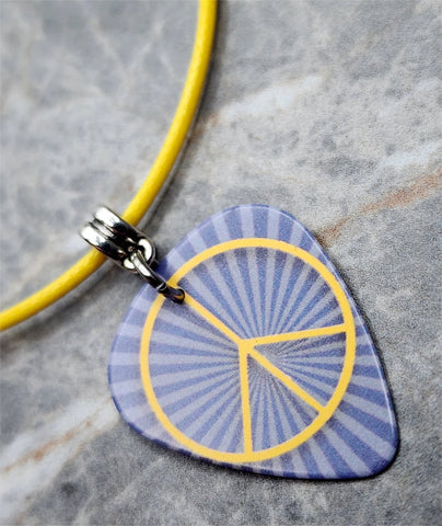 Peace Sign Guitar Pick on a Yellow Rolled Cord Necklace