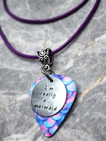Mermaid Tail Scales Guitar Pick Necklace on a Purple Rolled Cord with I'm Really A Mermaid Stainless Steel Charm