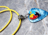 Autism Awareness Heart Charm on Aqua Guitar Pick Necklace on Yellow Rolled Cord